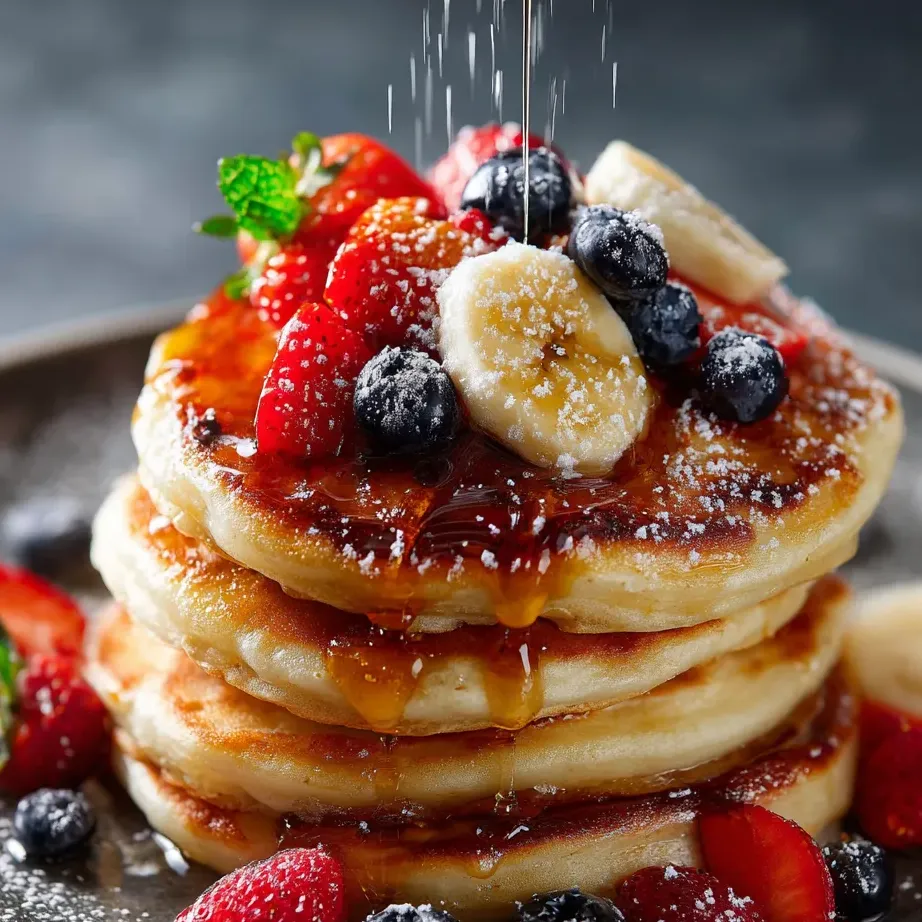 Un tas de pancakes avec fraises et bananes dessus.
