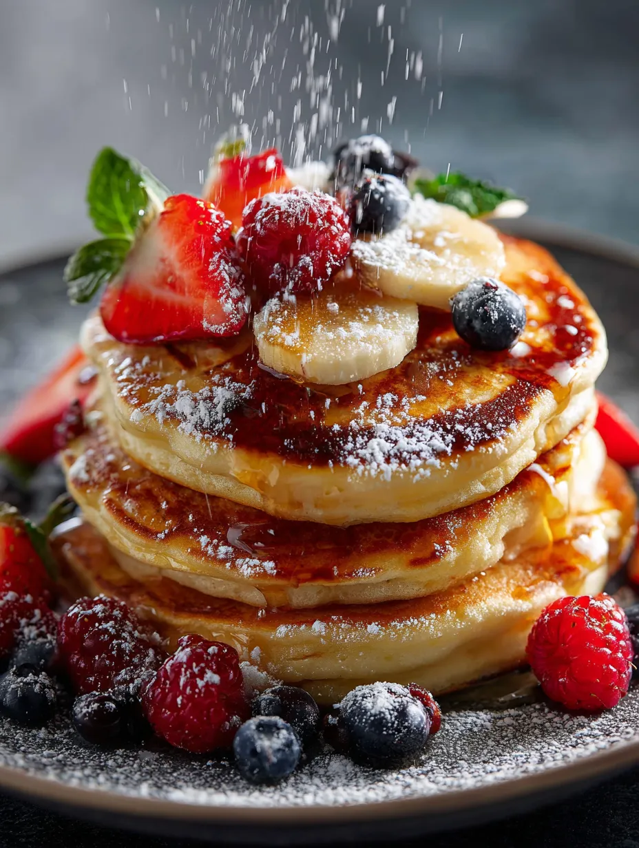 Pile de pancakes surmontés de fruits.