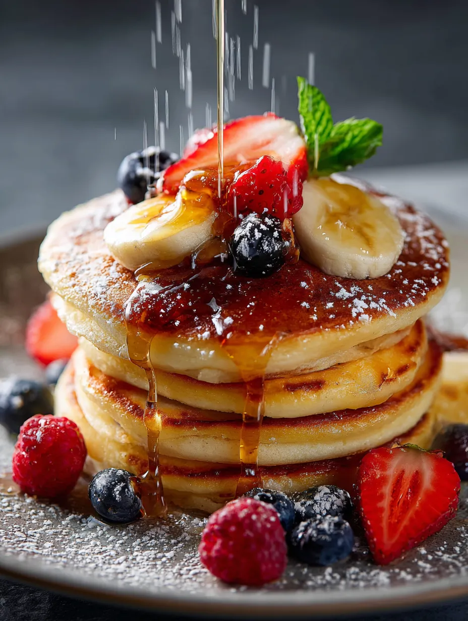 Pile de pancakes surmontés de fruits.