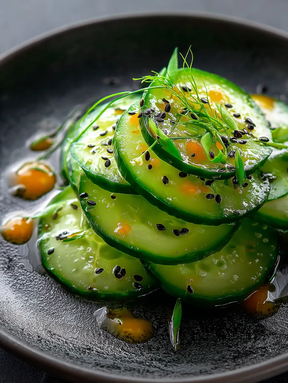 Une assiette de tranches de concombre nappées d’une sauce.