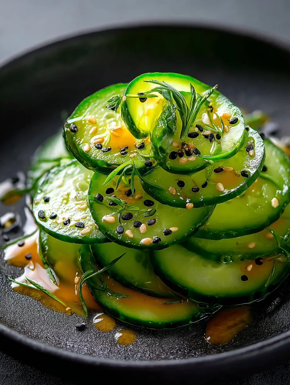 Une assiette de rondelles de concombre avec des graines de sésame.
