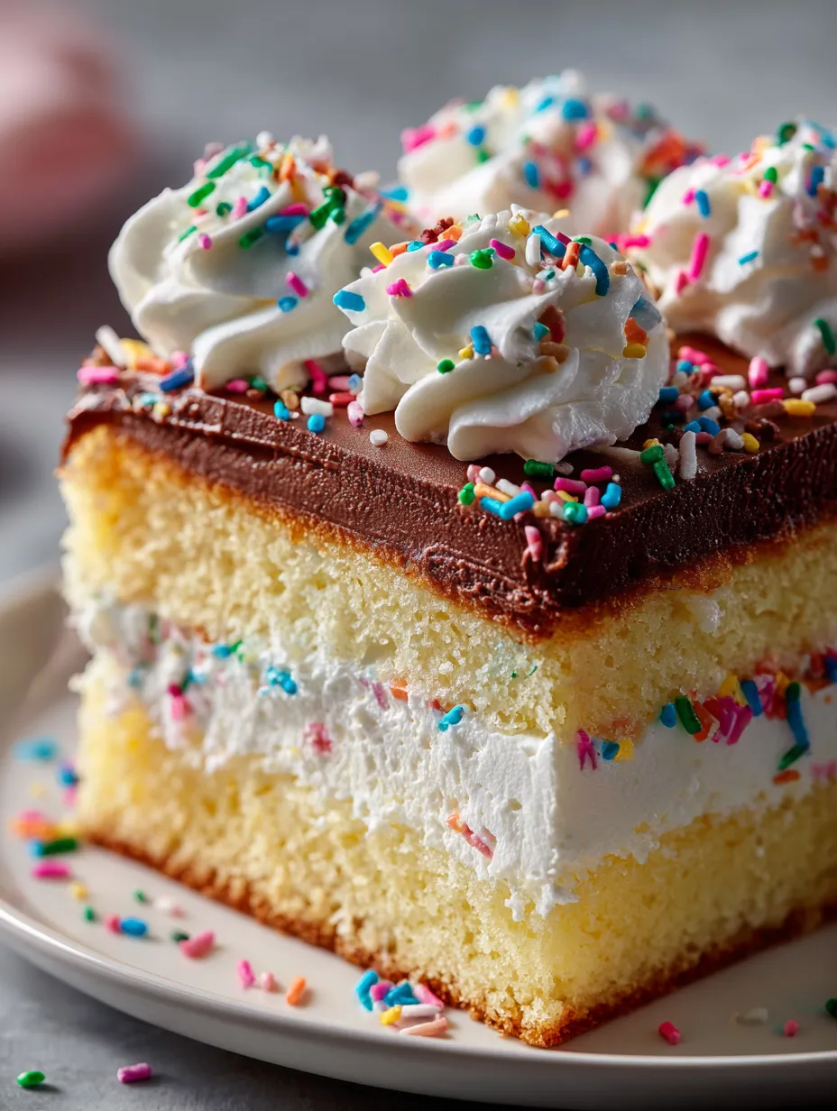 Une tranche de gâteau avec glaçage blanc et vermicelles colorés.