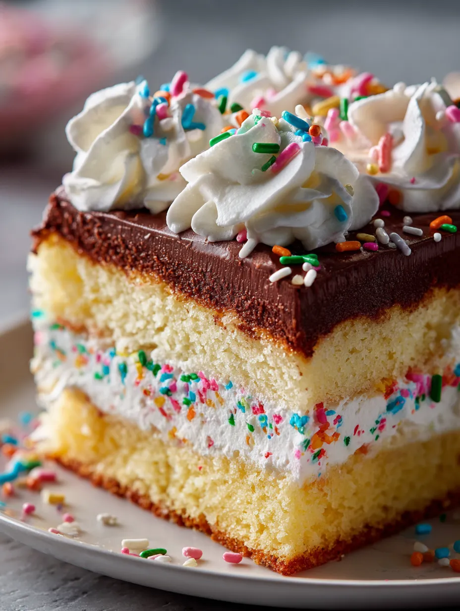 Une tranche de gâteau avec glaçage blanc et vermicelles colorés.