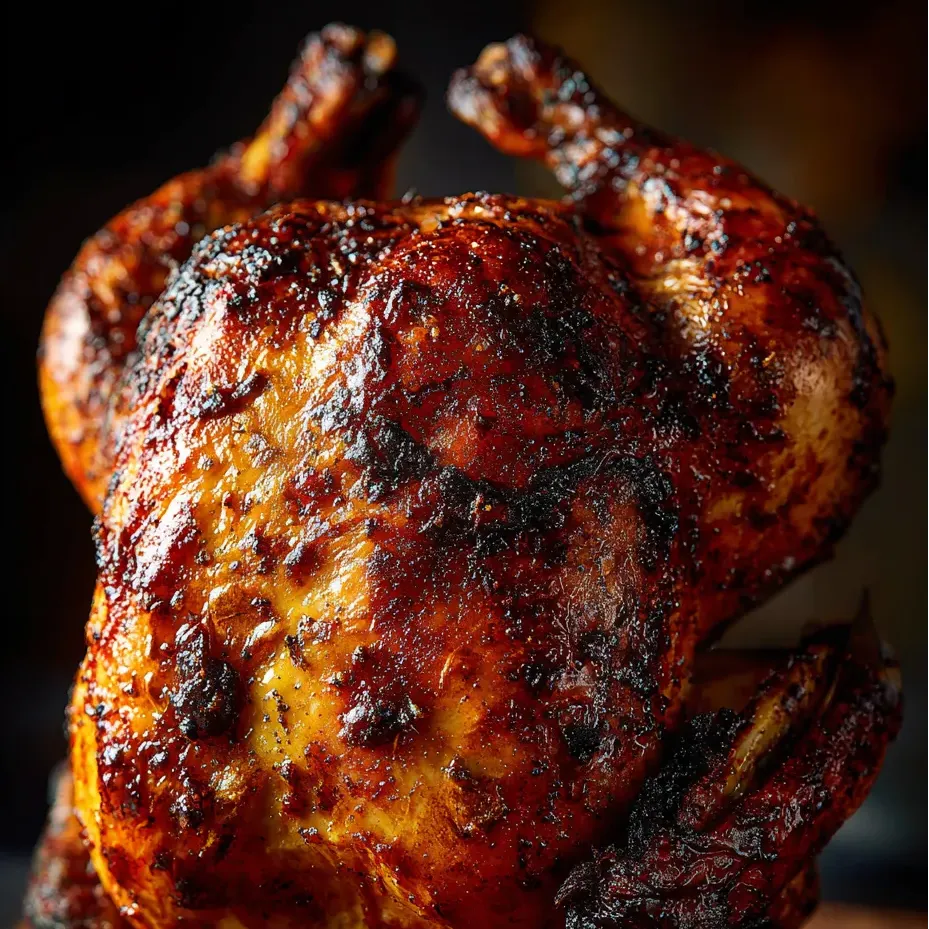 Gros plan sur un poulet rôti doré.
