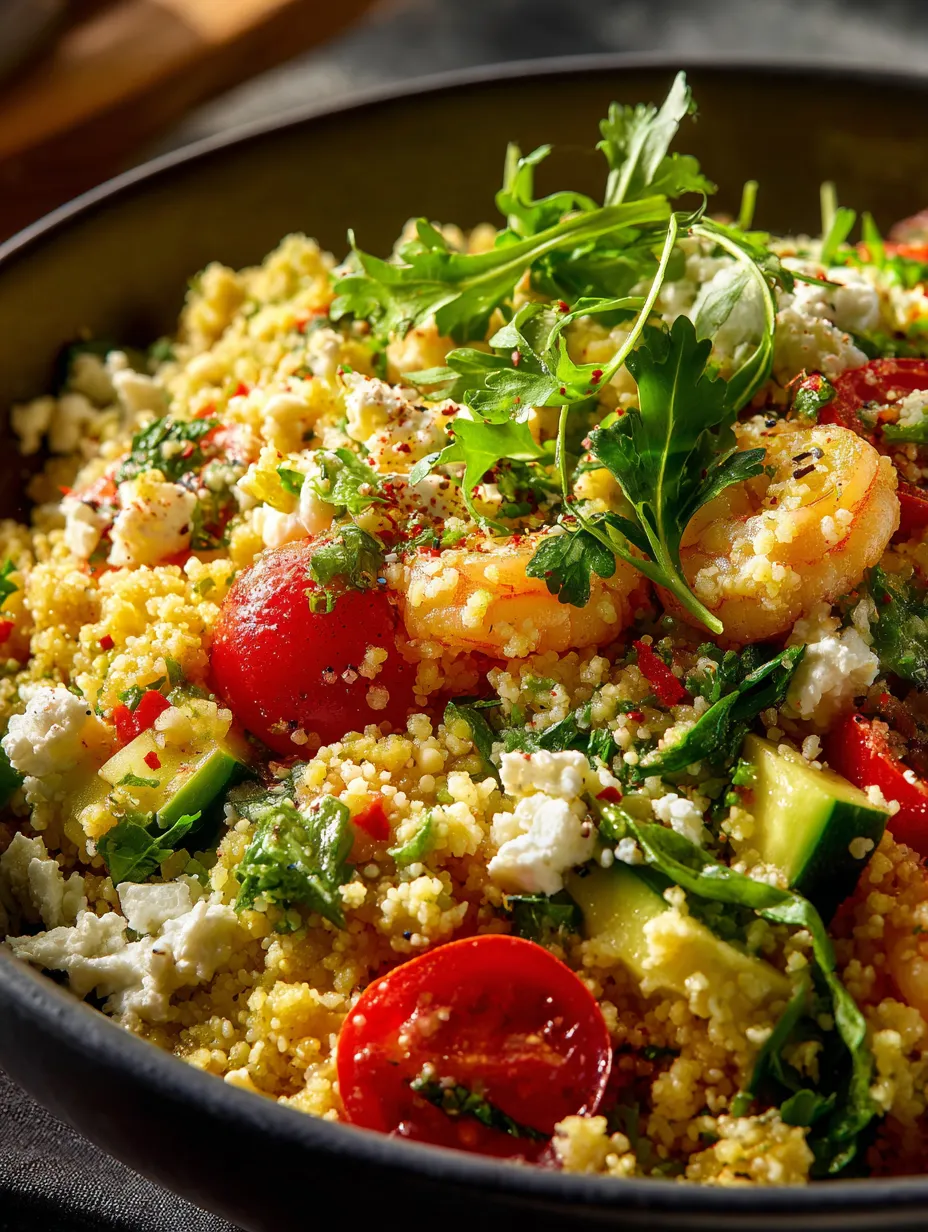 Un bol de salade avec tomates, concombres et crevettes.