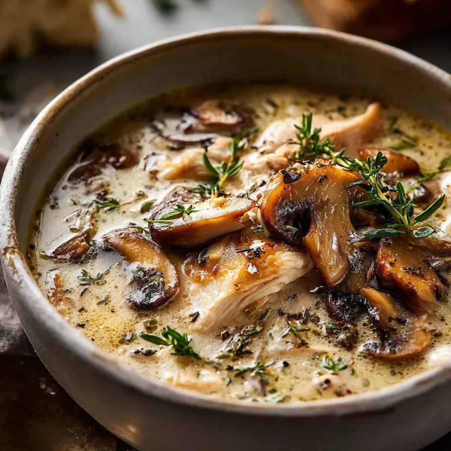 Un bol garni de soupe aux champignons avec des herbes.