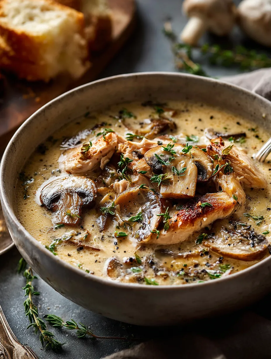 Un bol de soupe aux champignons et au poulet.