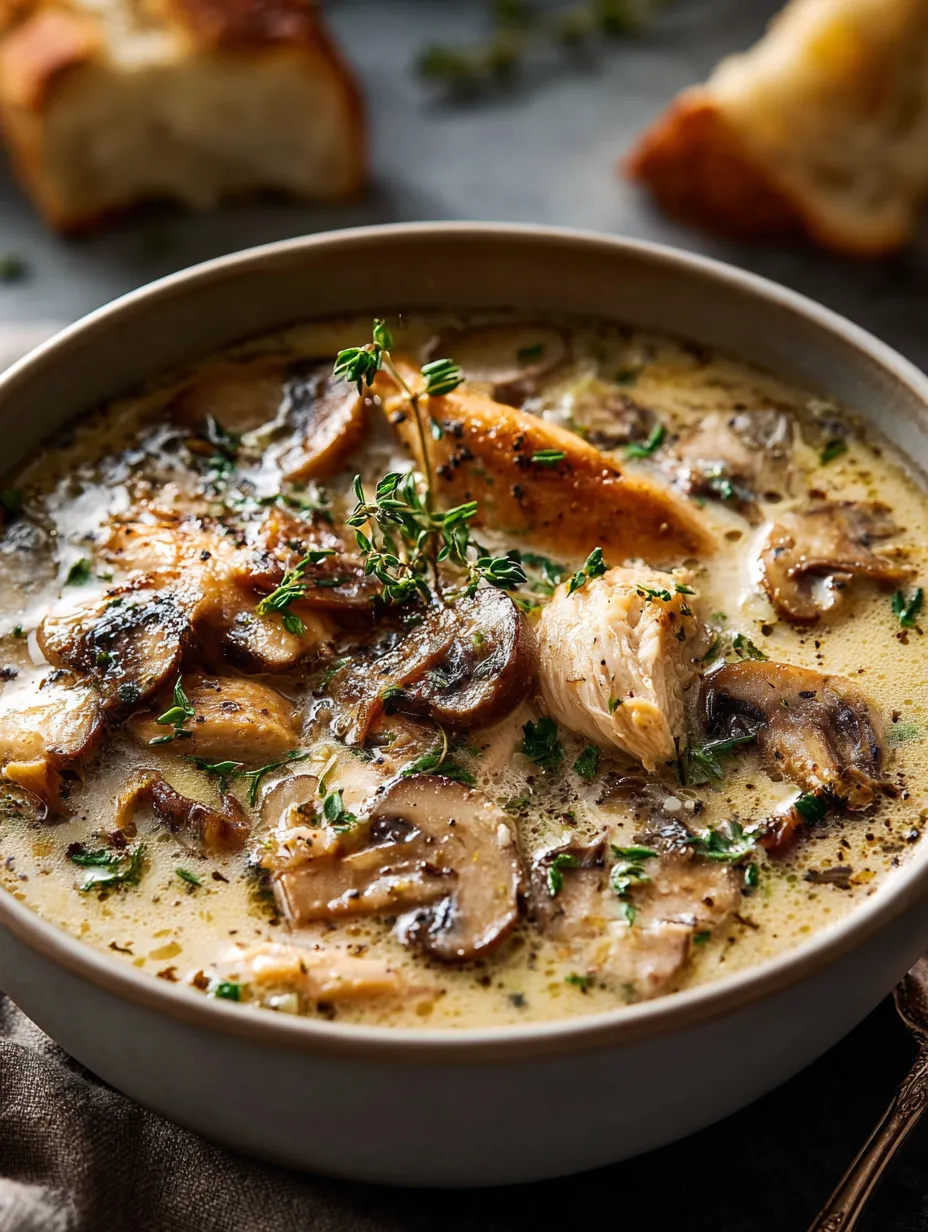 Un bol de soupe aux champignons et aux herbes.