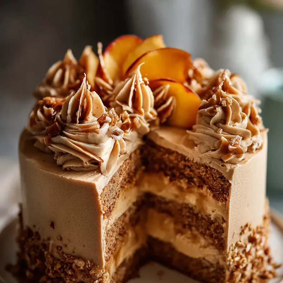 Une part de gâteau avec des pêches dessus.