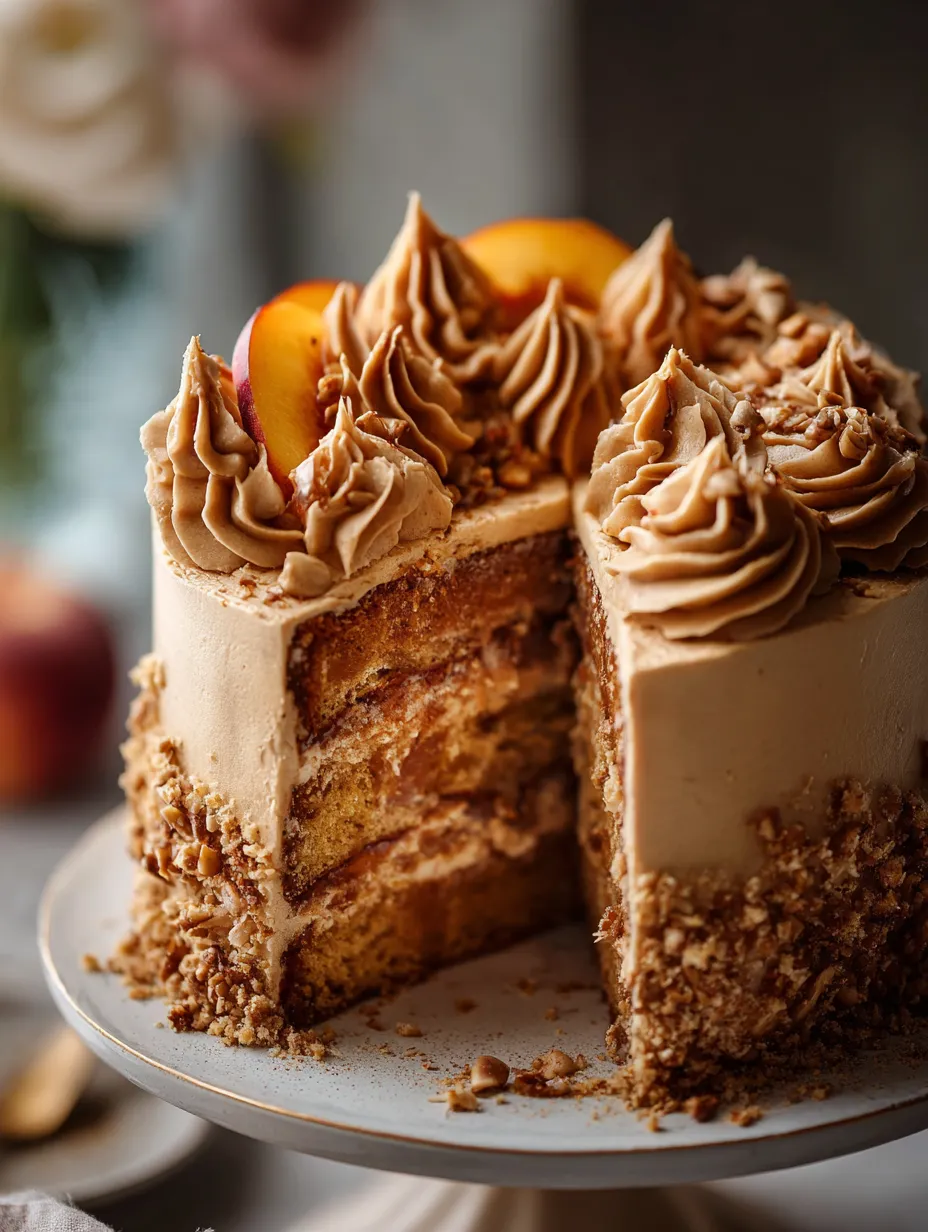 Tranche de gâteau aux pêches et crème fouettée.