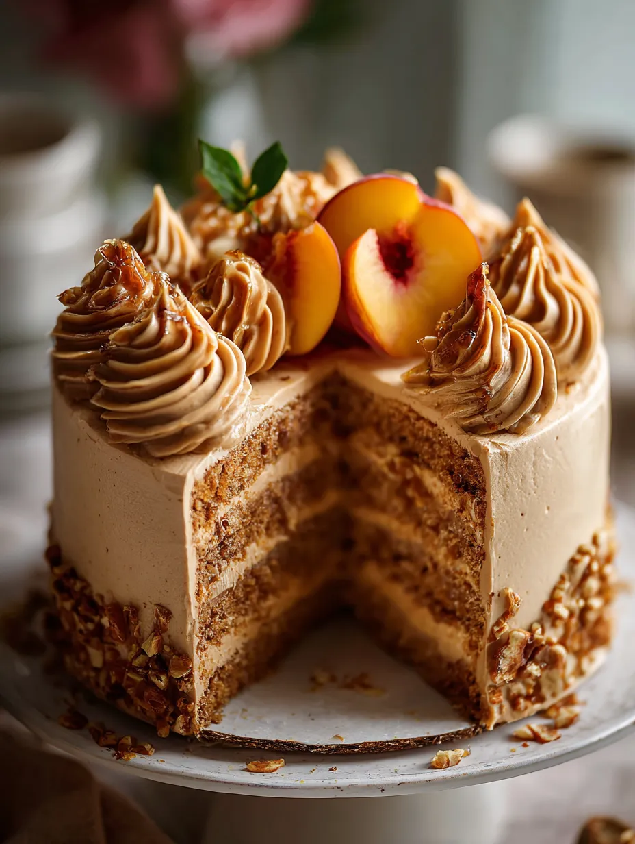 Part de gâteau garnie de pêches au-dessus.