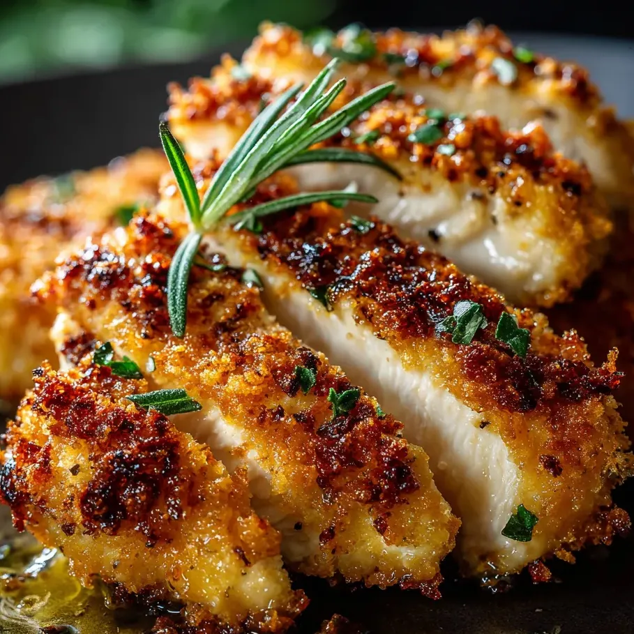 Un morceau de poulet recouvert d’herbes fraîches.