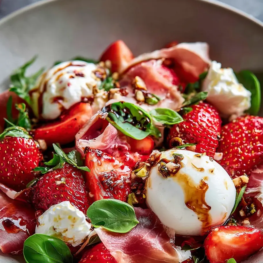 Une assiette garnie de fraises, jambon et burrata.