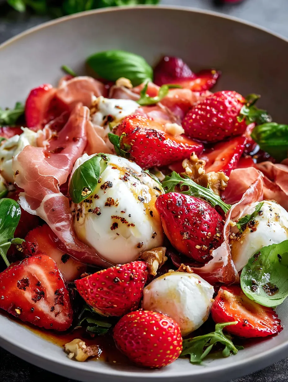 Une assiette garnie de fraises, fromage et charcuterie.