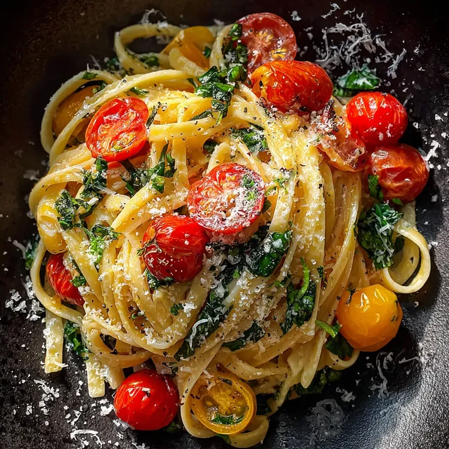 Un bol de pâtes aux tomates cerises et basilic.