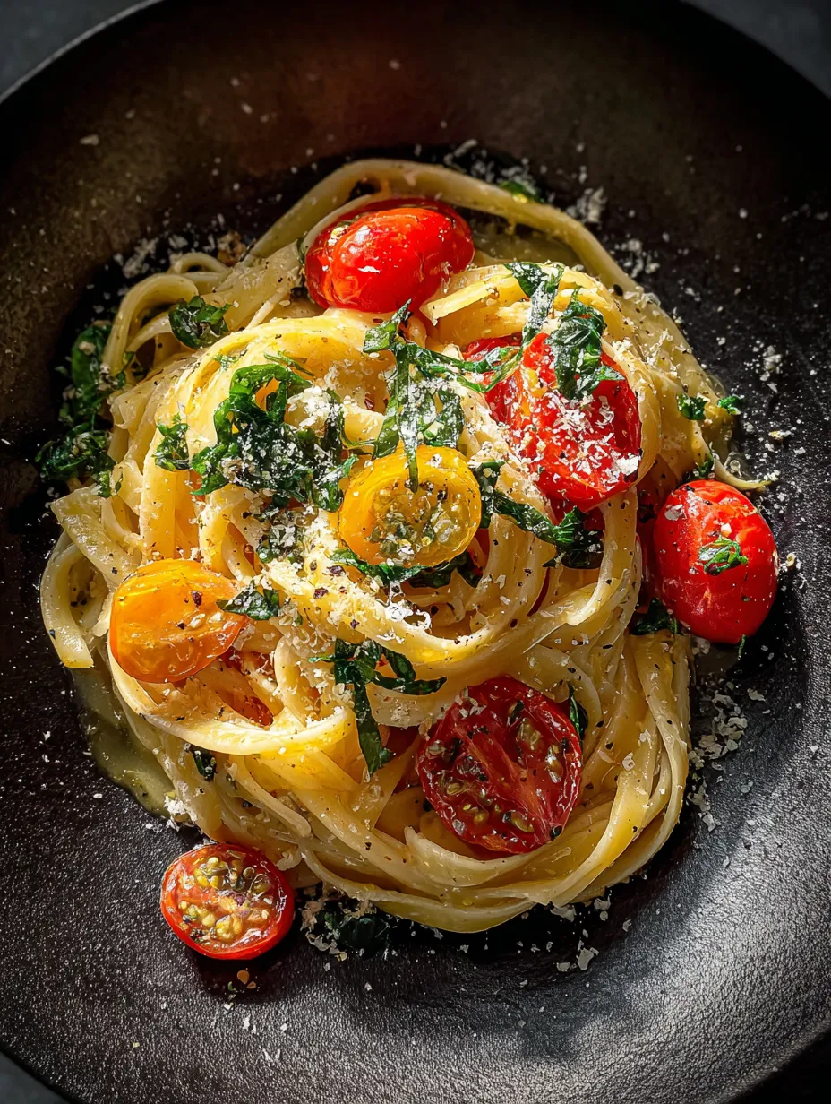 Un bol de pâtes avec tomates et basilic.