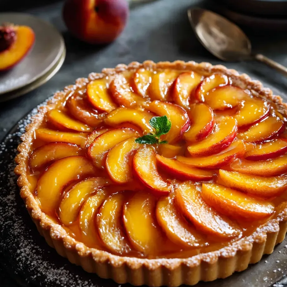 Une tarte aux pêches décorée d’une feuille sur le dessus.