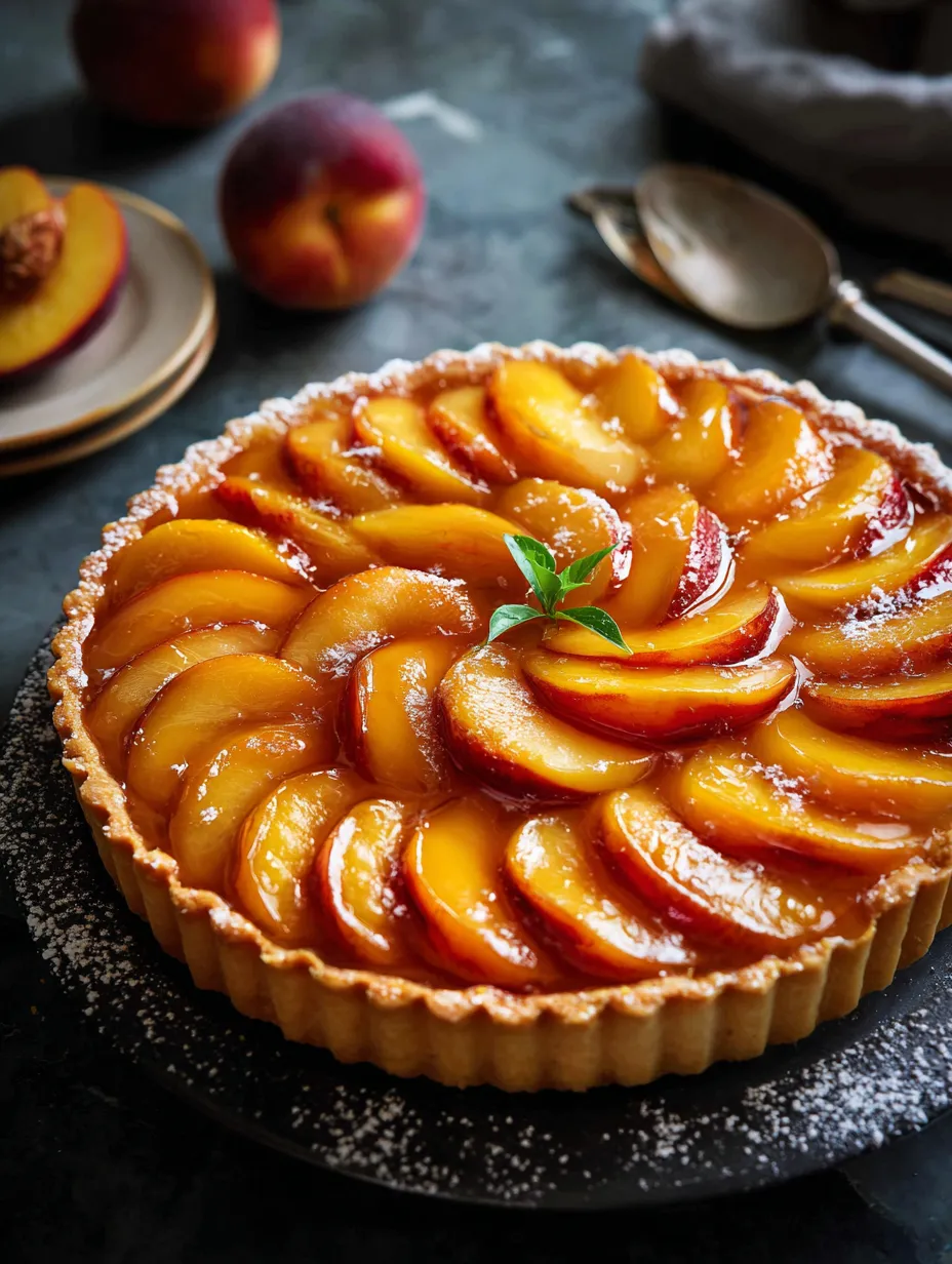 Une tarte aux pêches surmontée d’une feuille.