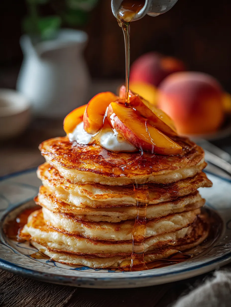 Pile de pancakes garnie de pêches fraîches.