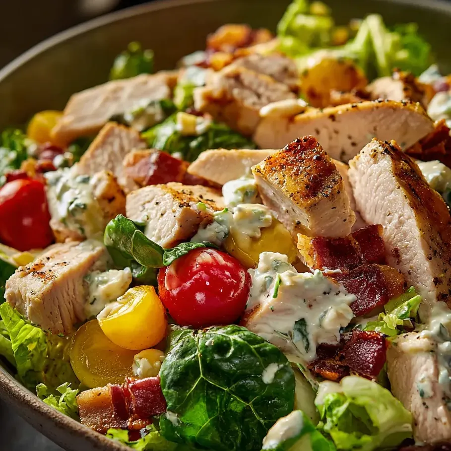 Un bol de salade avec poulet, tomates, laitue et fromage bleu.