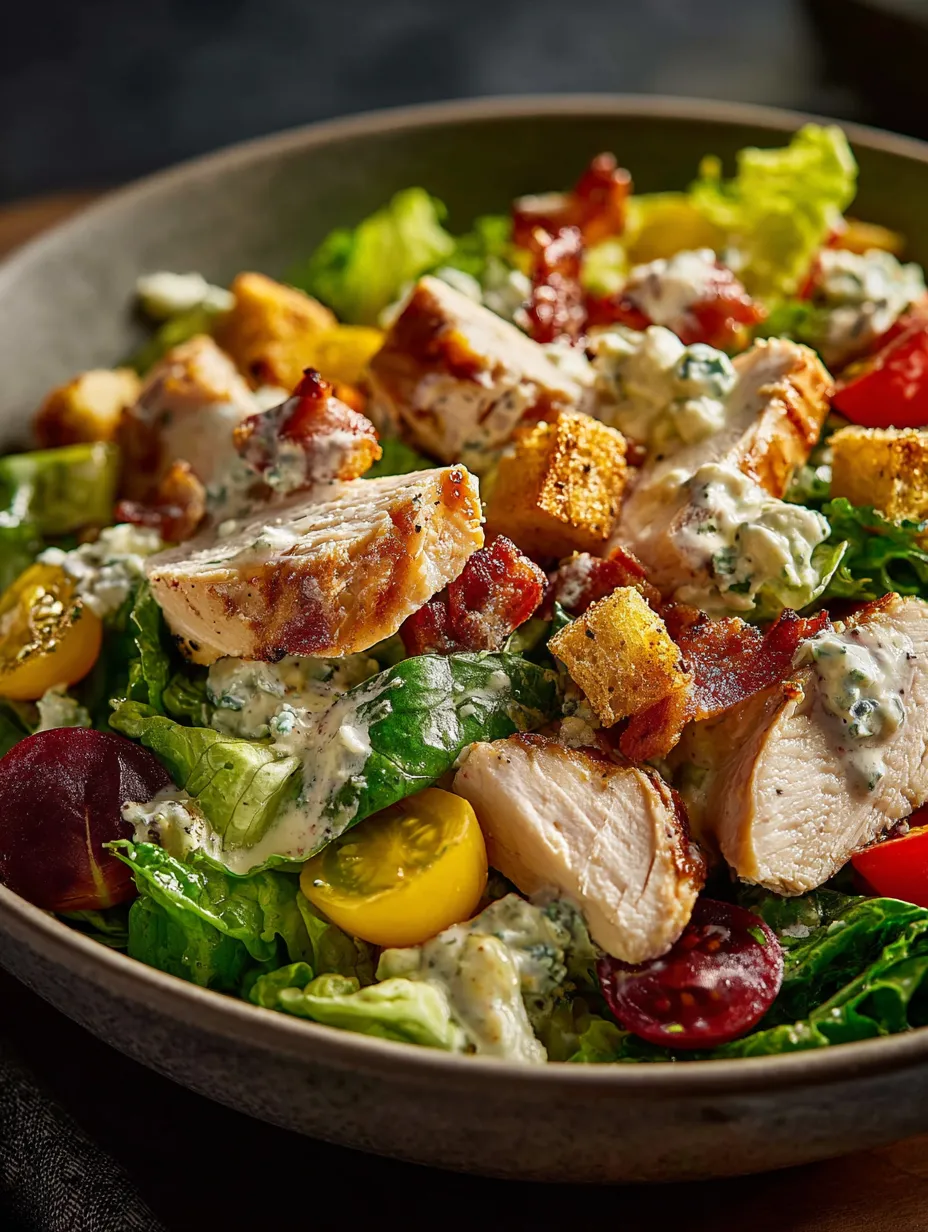 Un bol de salade avec du poulet, tomates, salade verte et fromage bleu.