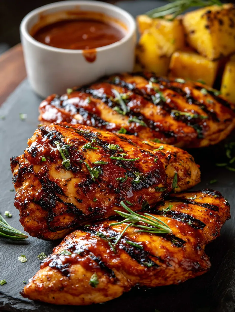 Poulet nappé de sauce posé sur une table noire.
