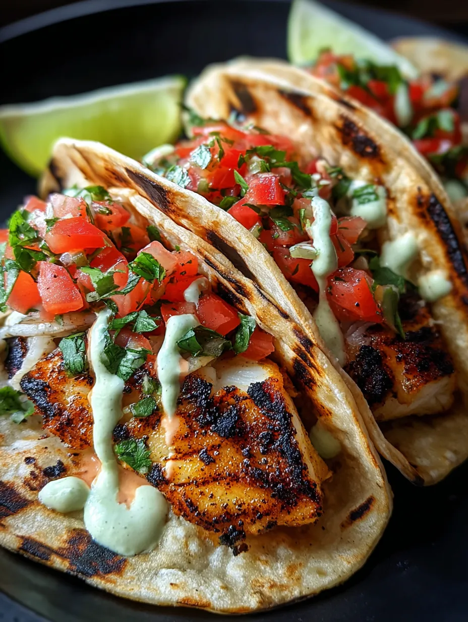Deux tacos de poisson avec tomates et citron vert.