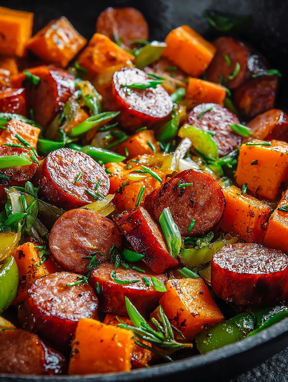 Gros plan sur une saucisse avec oignons et patates douces.