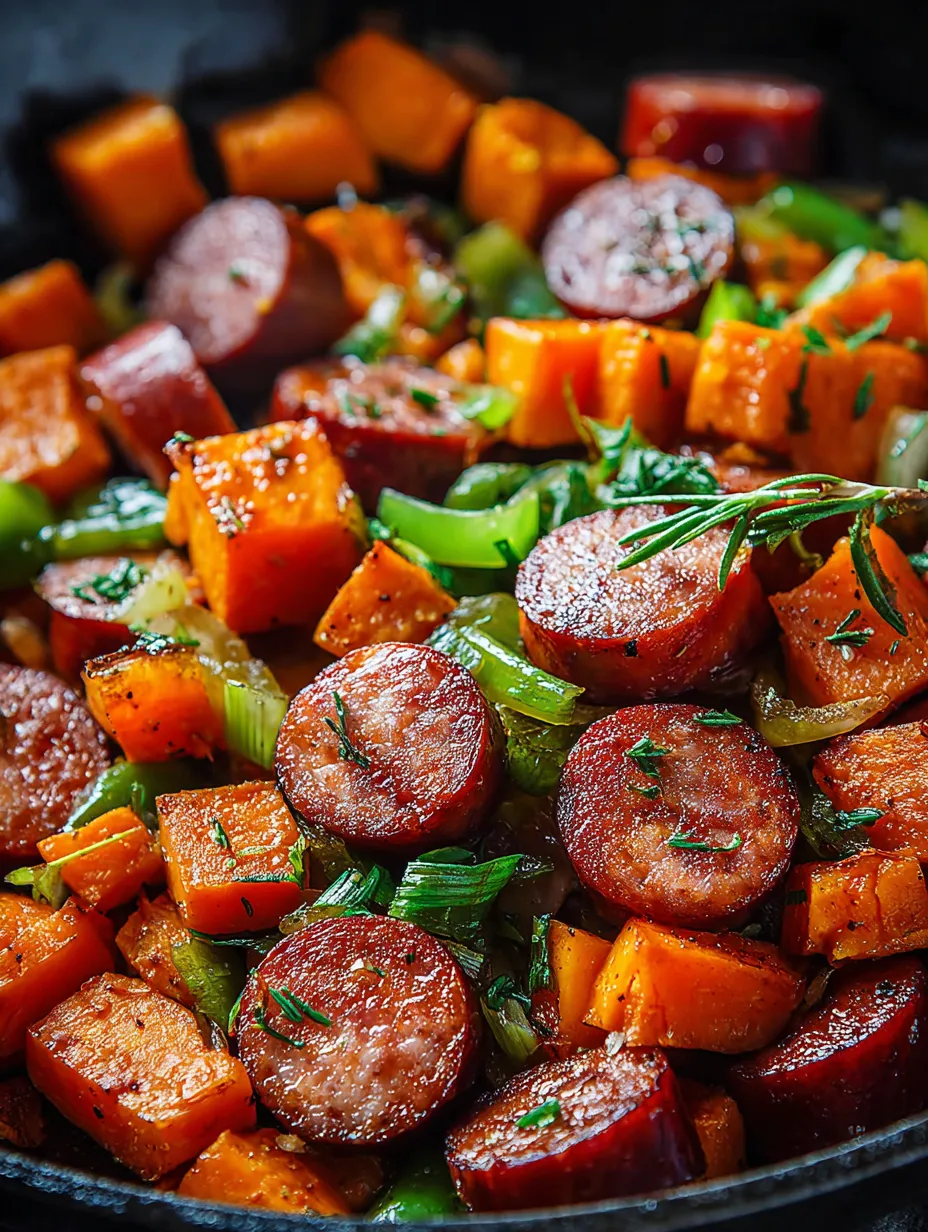 Gros plan sur une assiette avec saucisse et patates douces.