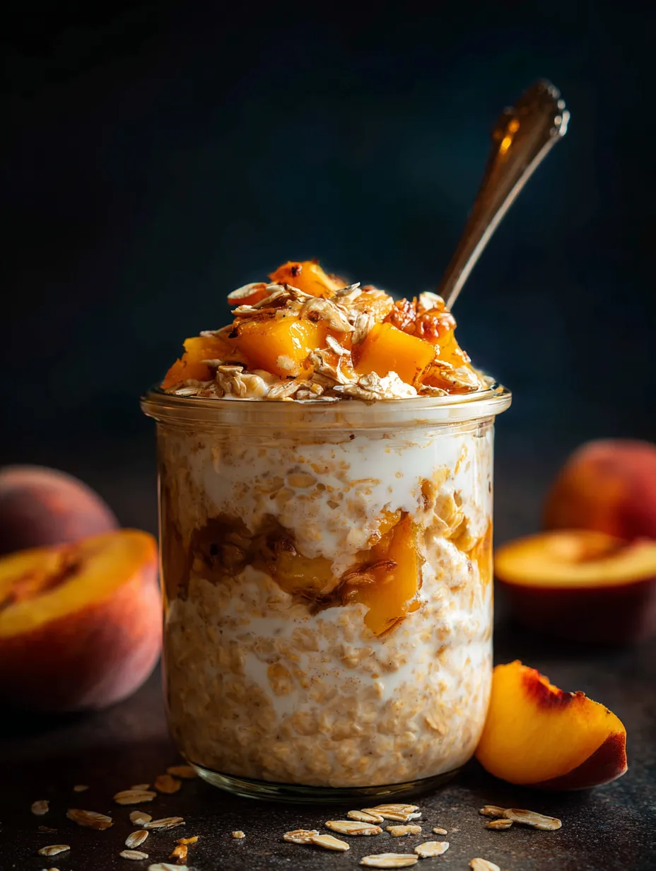 Un bocal en verre de granola et pêches.