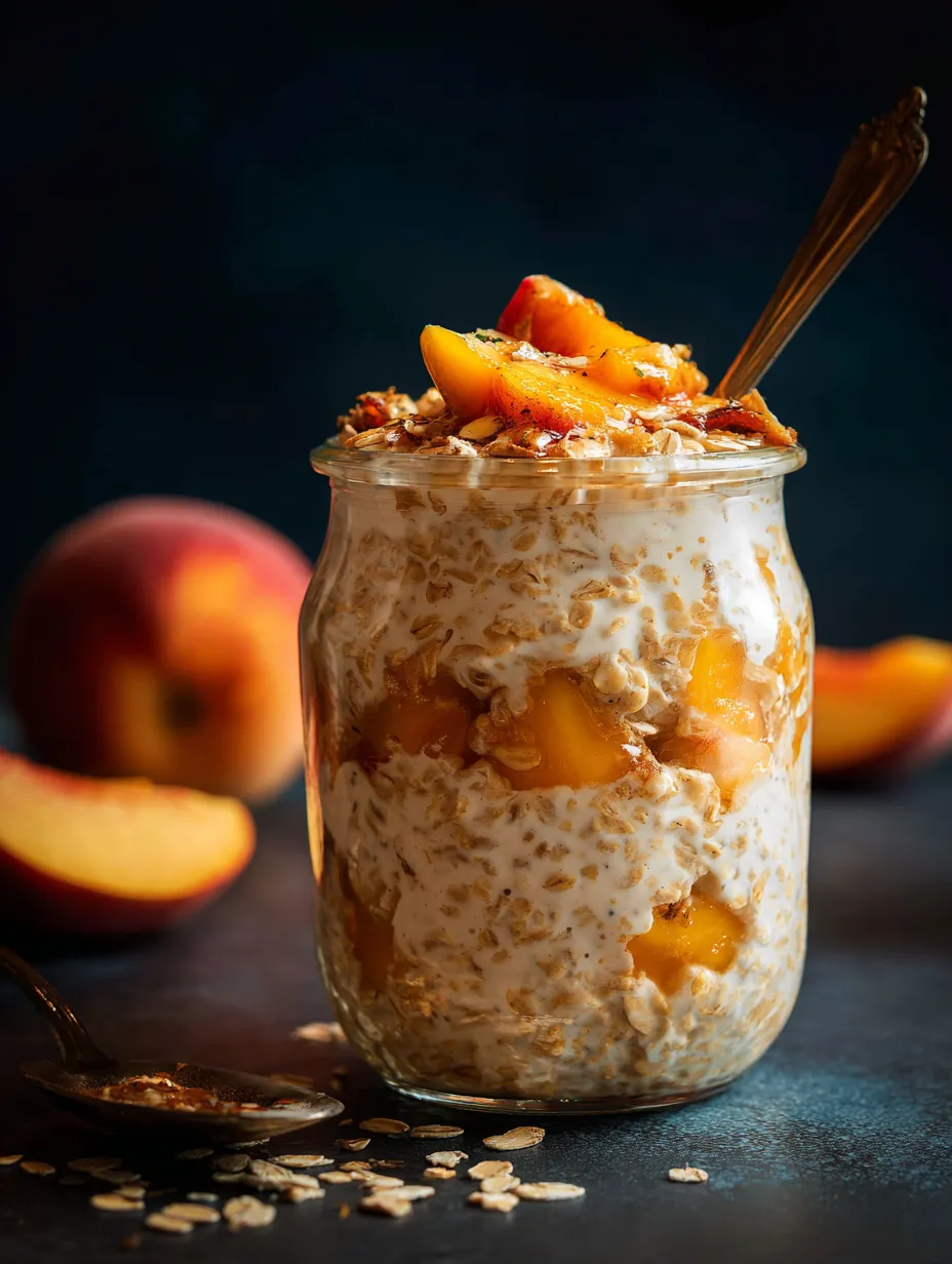 Un bocal en verre rempli de granola et de morceaux de pêches.