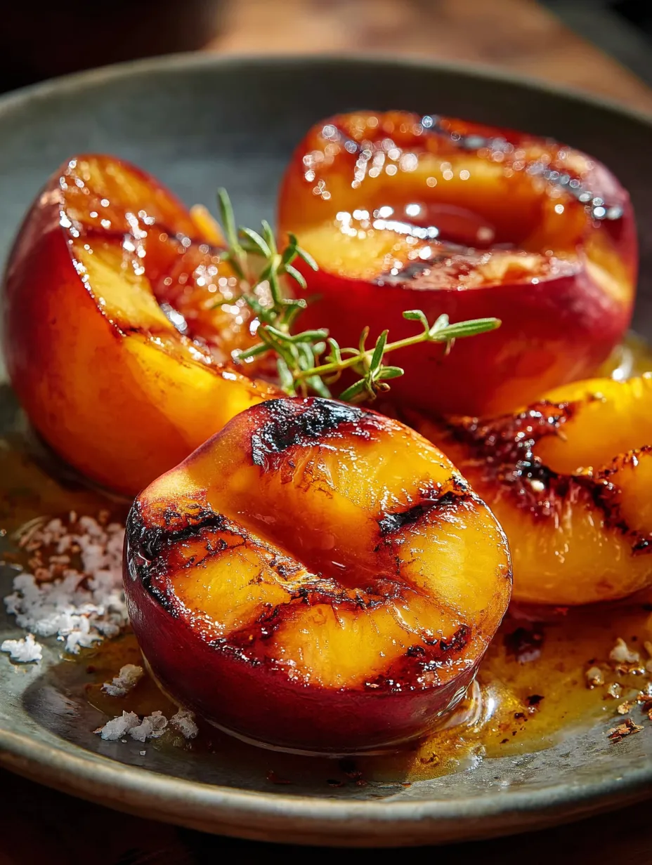Pêches sur une assiette avec herbes fraîches.