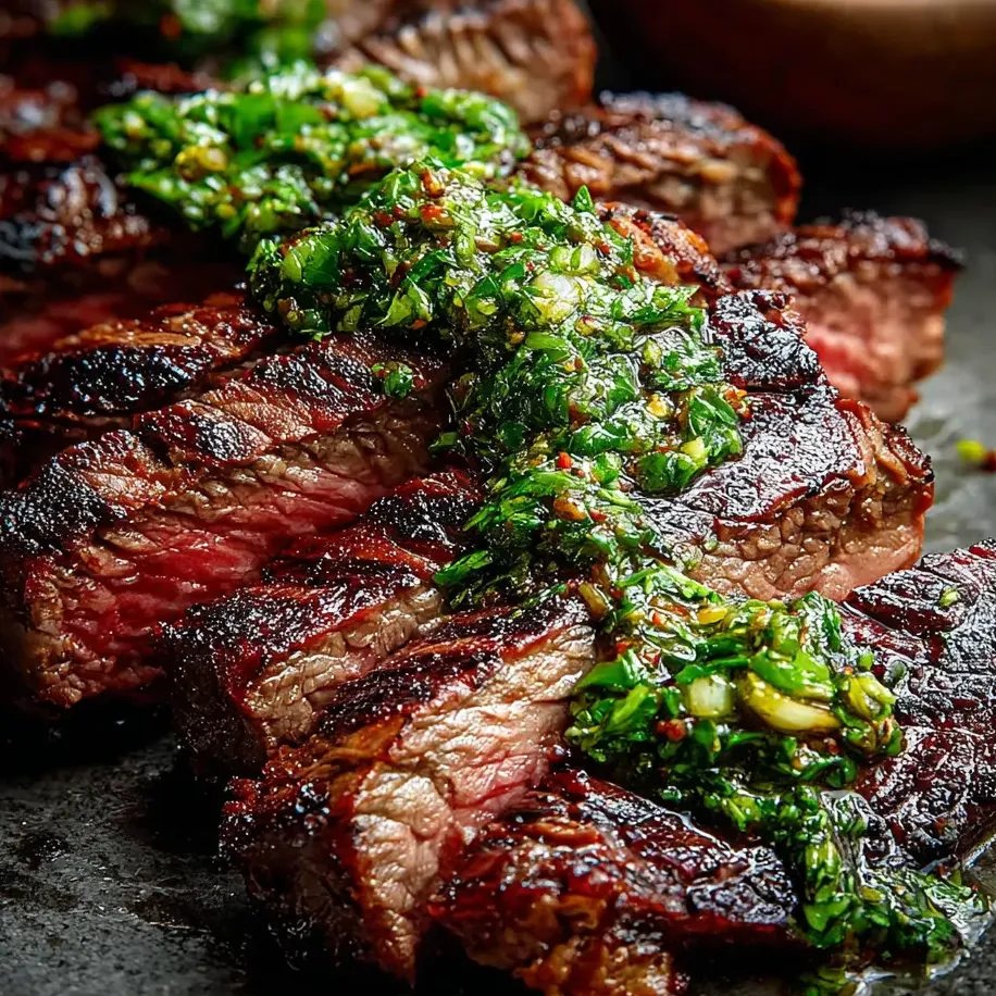 Un beau morceau de viande recouvert de sauce verte.