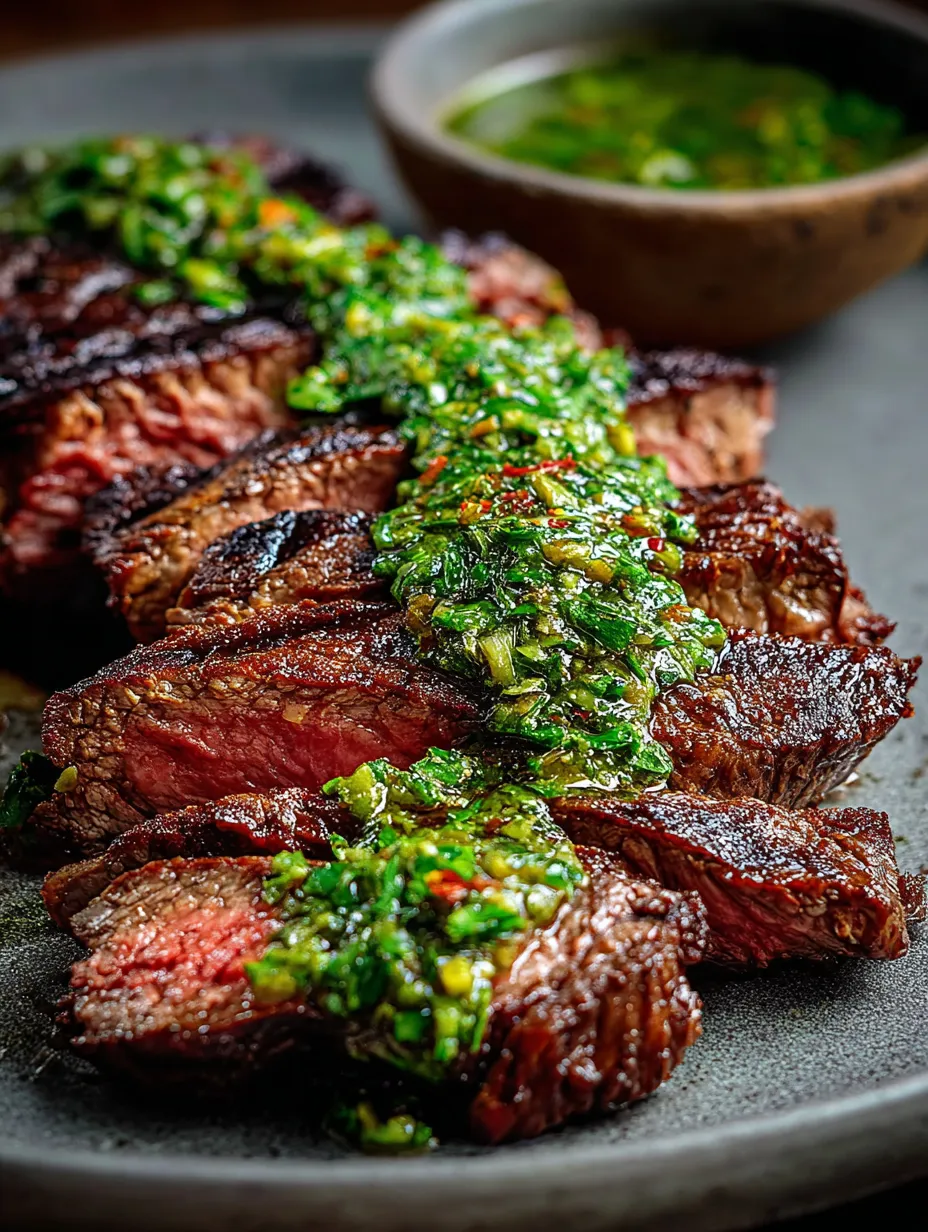 Gros plan sur une tranche de viande nappée d’une sauce verte.