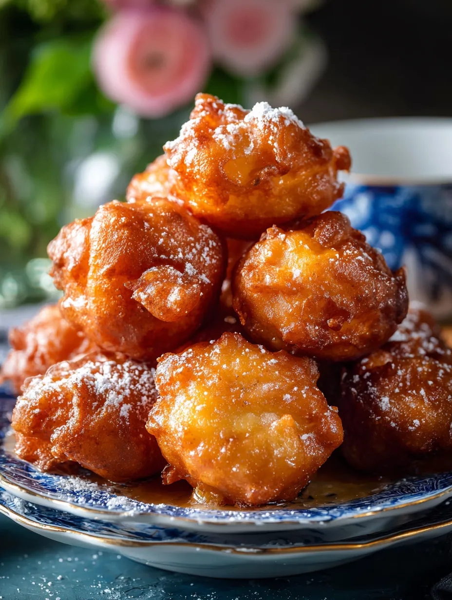 Une pile de beignets saupoudrés de sucre glace posée sur une assiette.