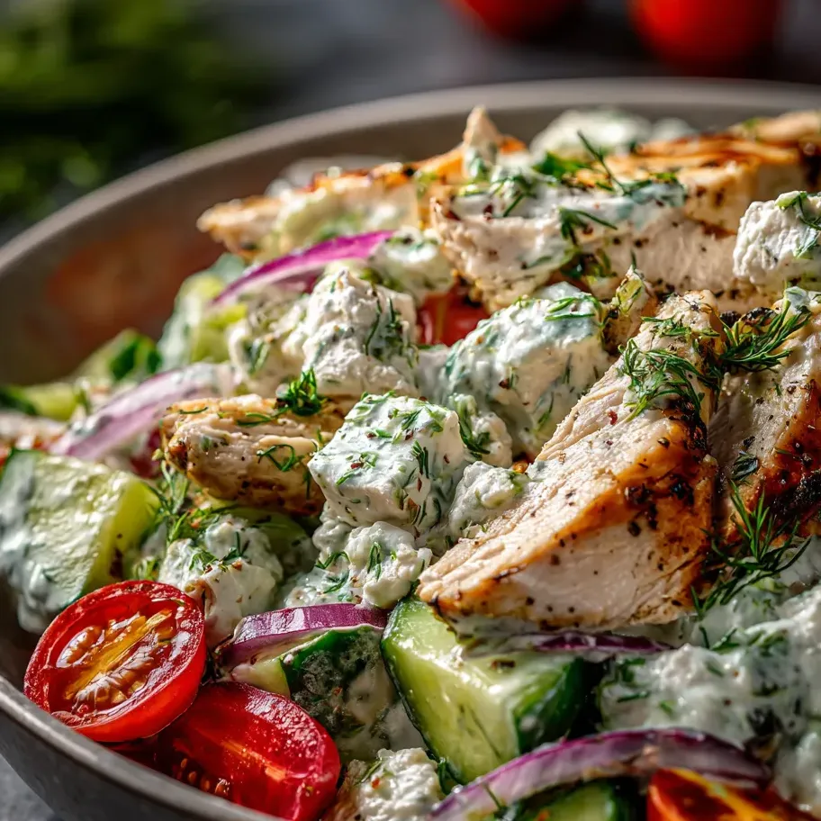 Un bol de salade de poulet avec tomates, concombres et oignons.