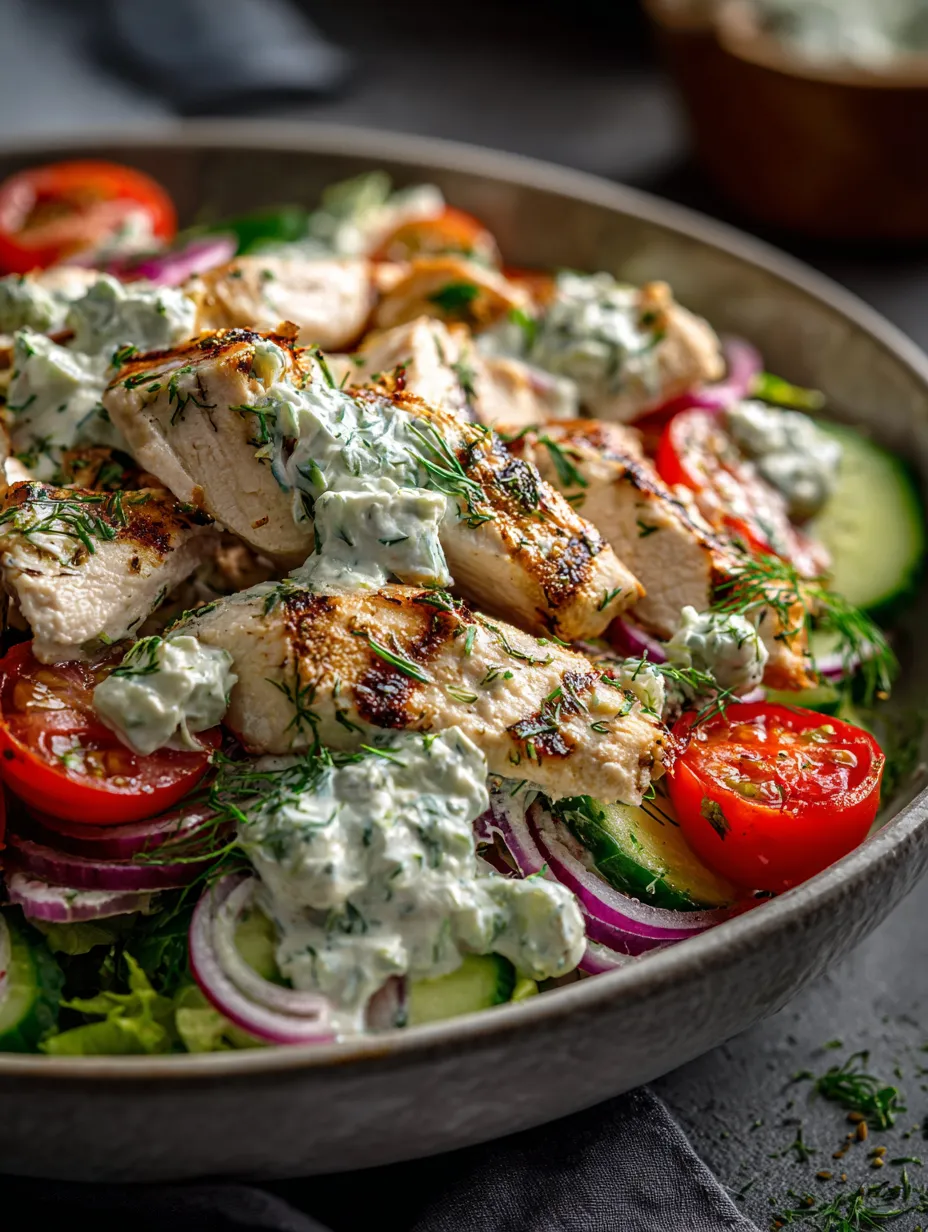 Un bol de poulet, tomates, concombres et salade verte.