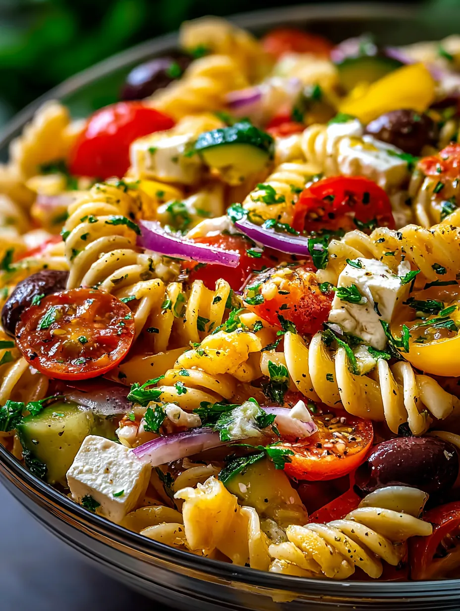 Un saladier de pâtes, tomates, concombres et fromage.