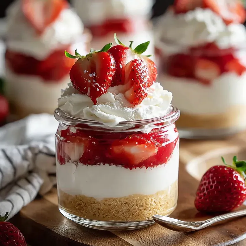 Un bocal rempli de gâteau fraises chantilly.