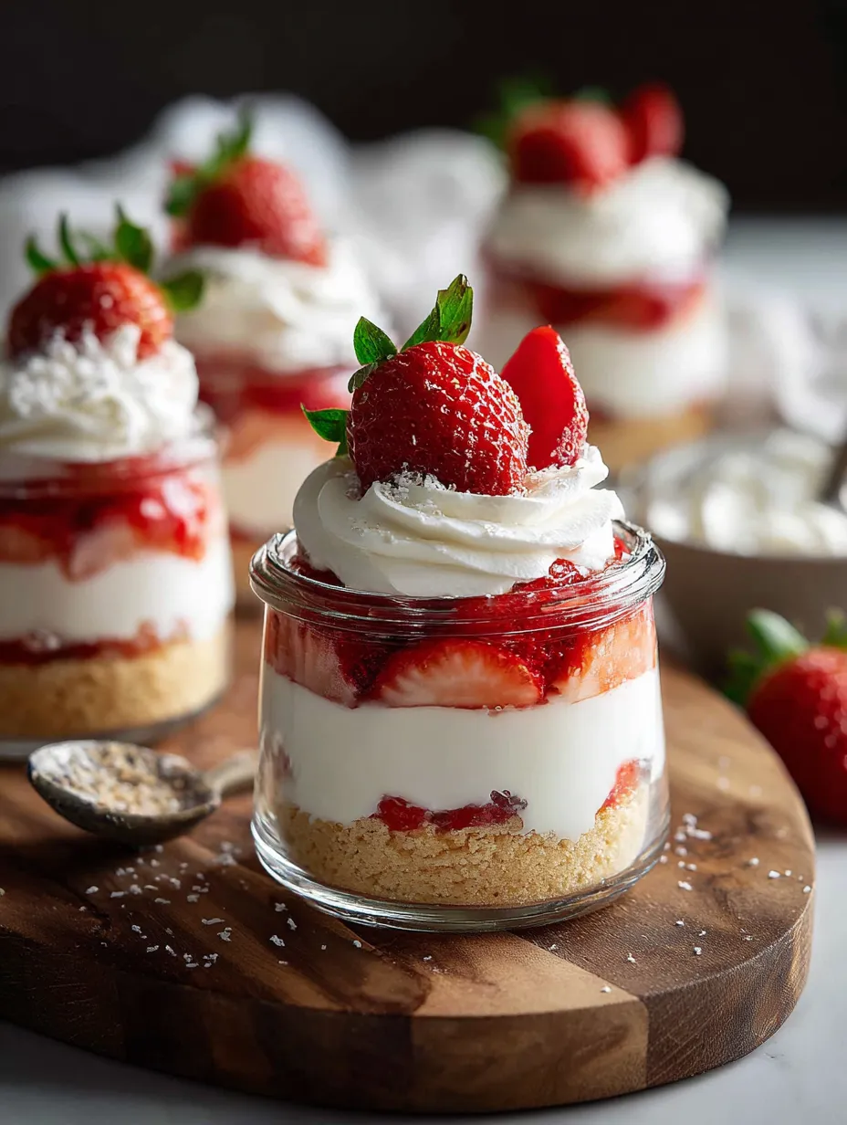 Un bocal en verre rempli de shortcake aux fraises.