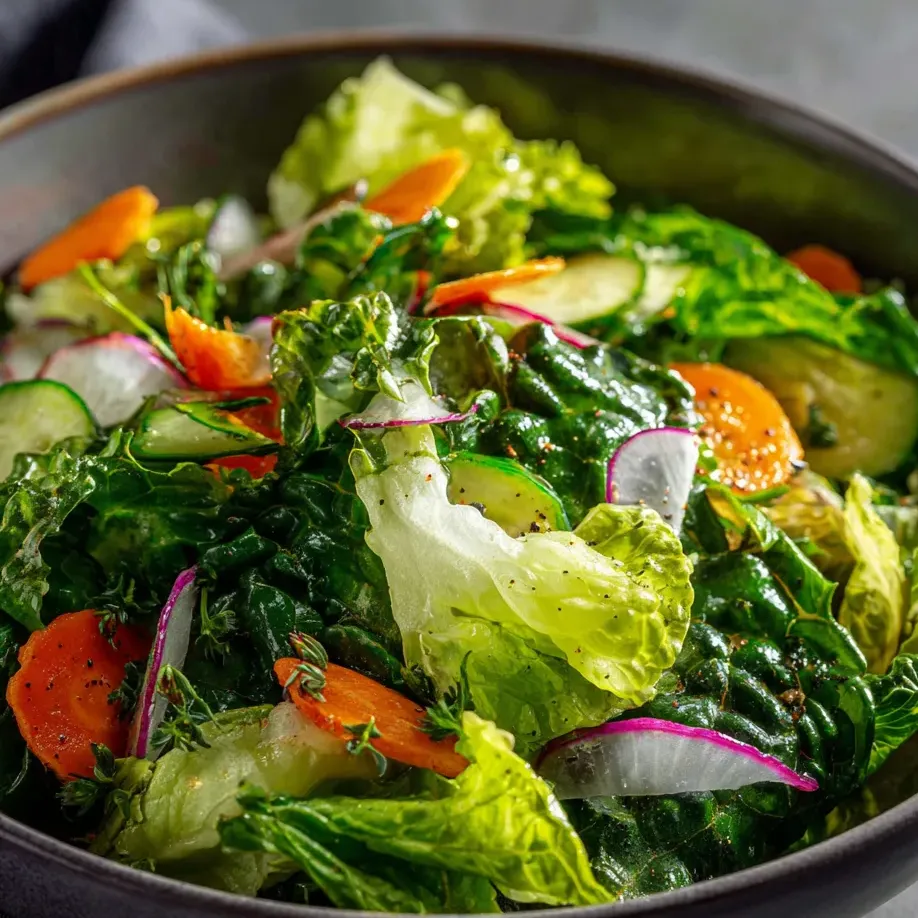 Une grande assiette pleine de salade avec carottes, laitue et concombres.