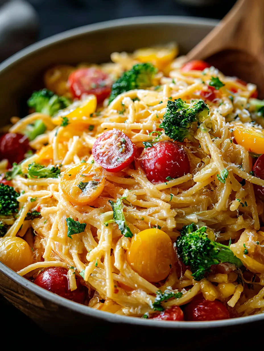 Un grand bol de pâtes avec tomates et brocoli.