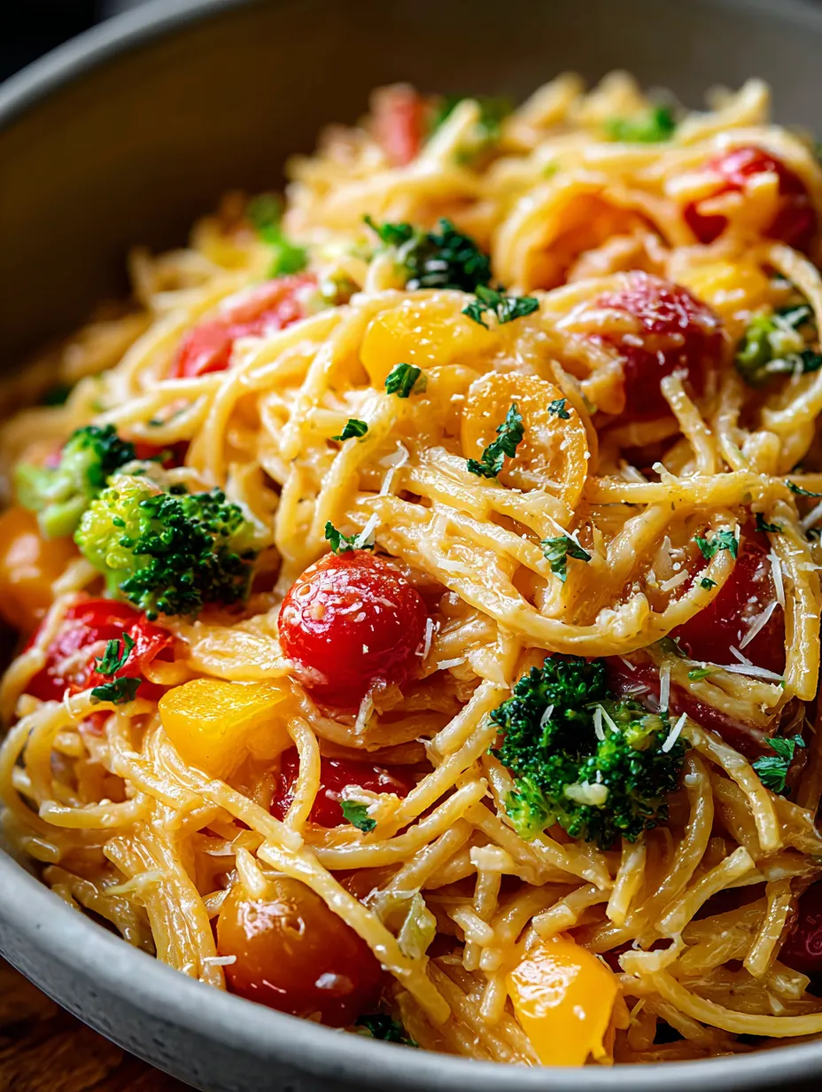 Un grand bol de pâtes avec tomates et brocoli.