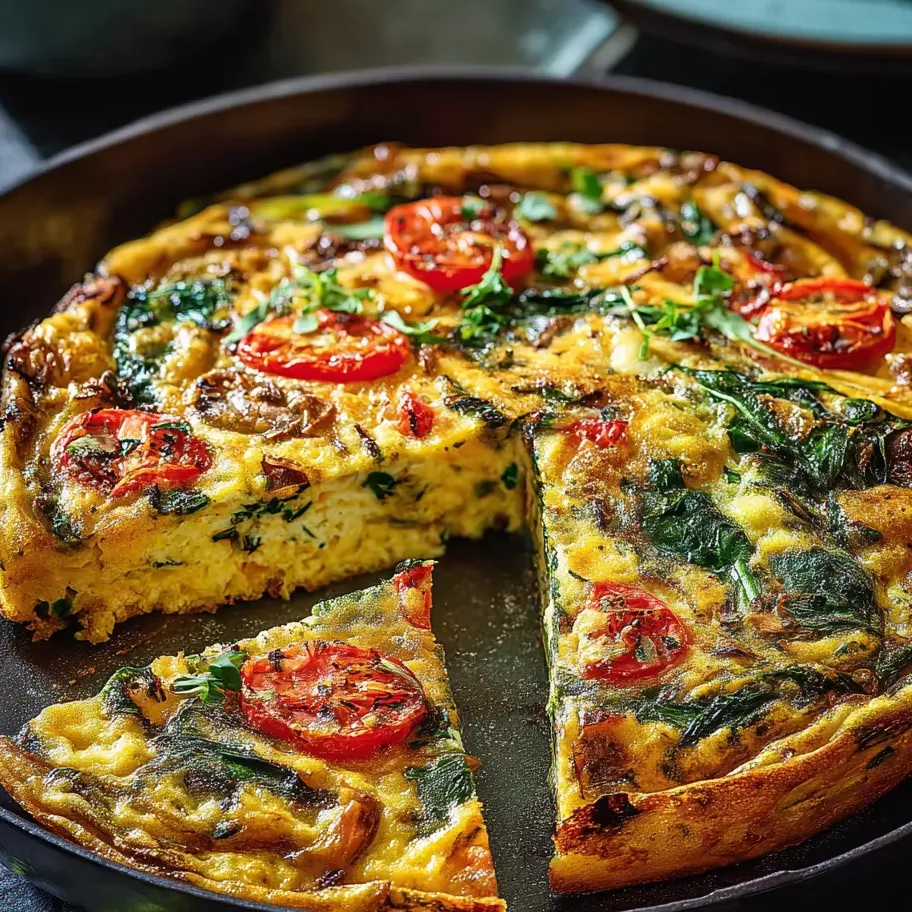 Une part de quiche avec des tomates et des épinards.