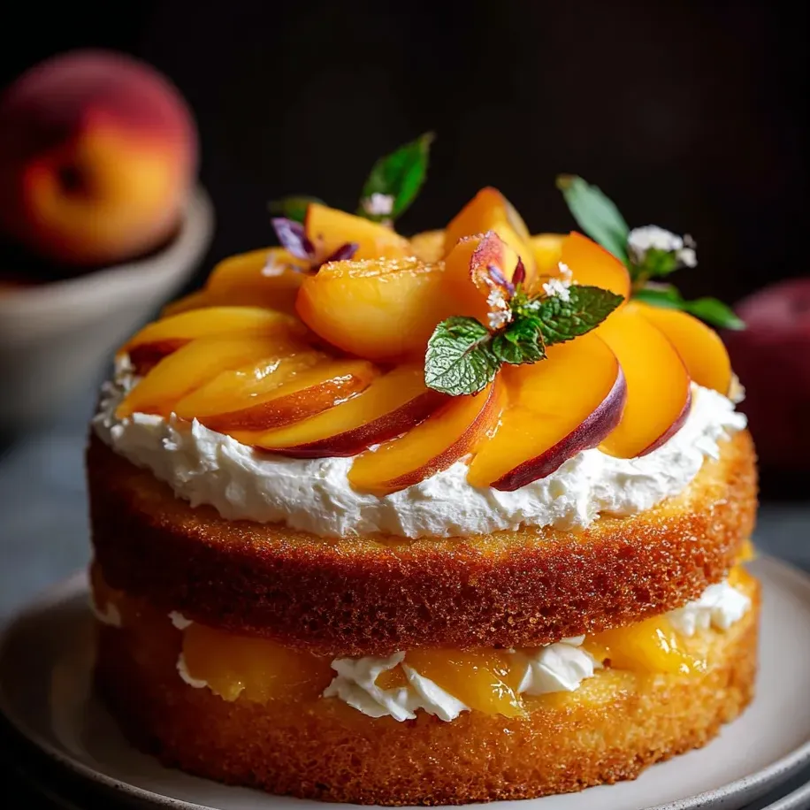Un gâteau avec des pêches et de la crème fouettée dessus.