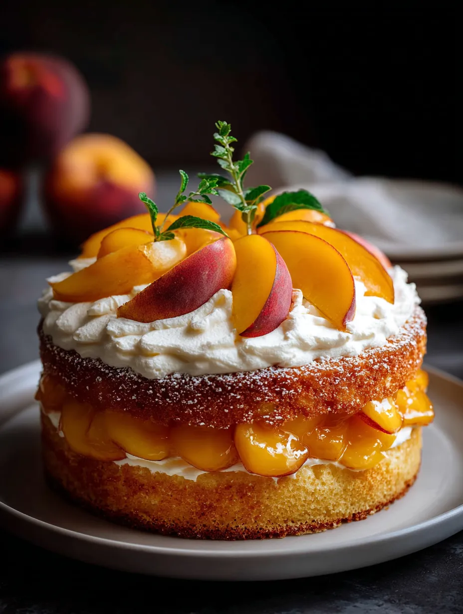 Un gâteau garni de pêches sur le dessus.