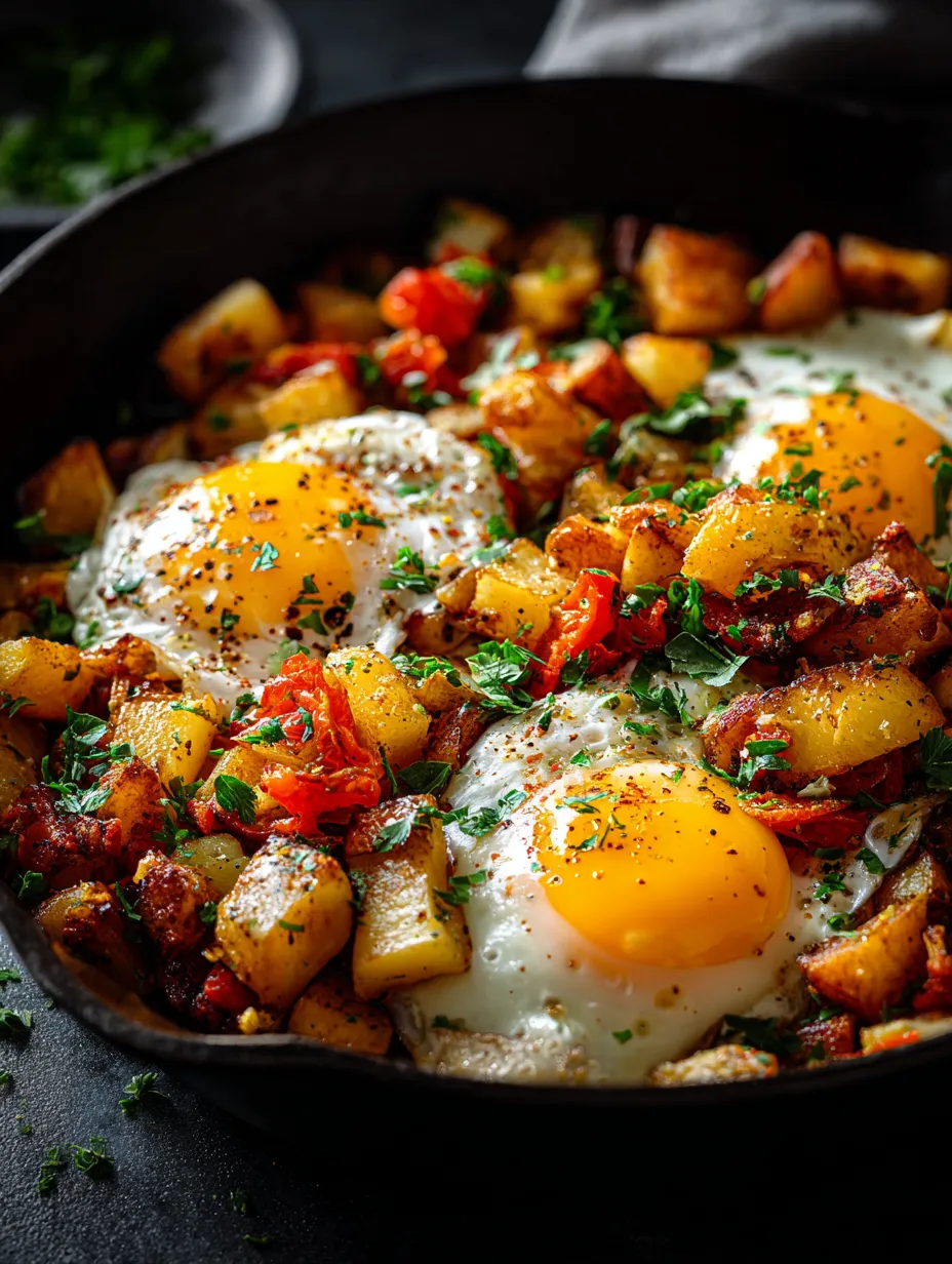 Un œuf au plat dans une poêle avec des pommes de terre et des tomates.