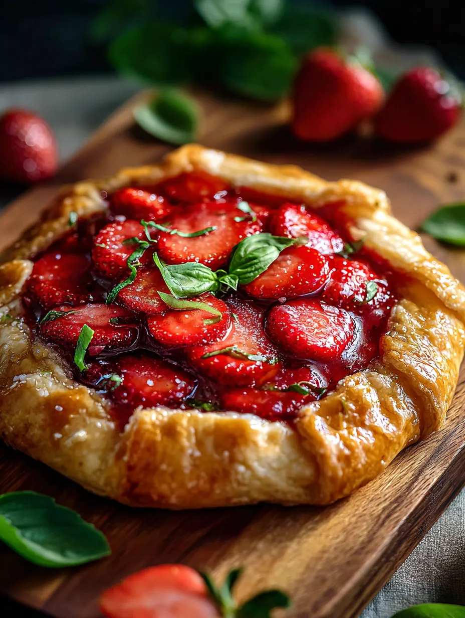 Une pâtisserie aux fraises et basilic sur planche bois.