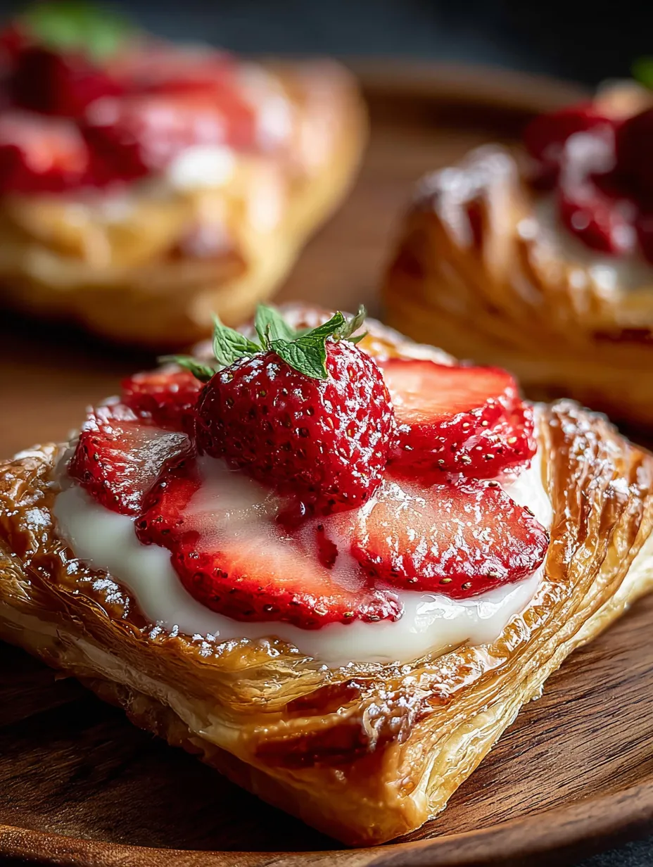 Une viennoiserie surmontée d’une fraise.