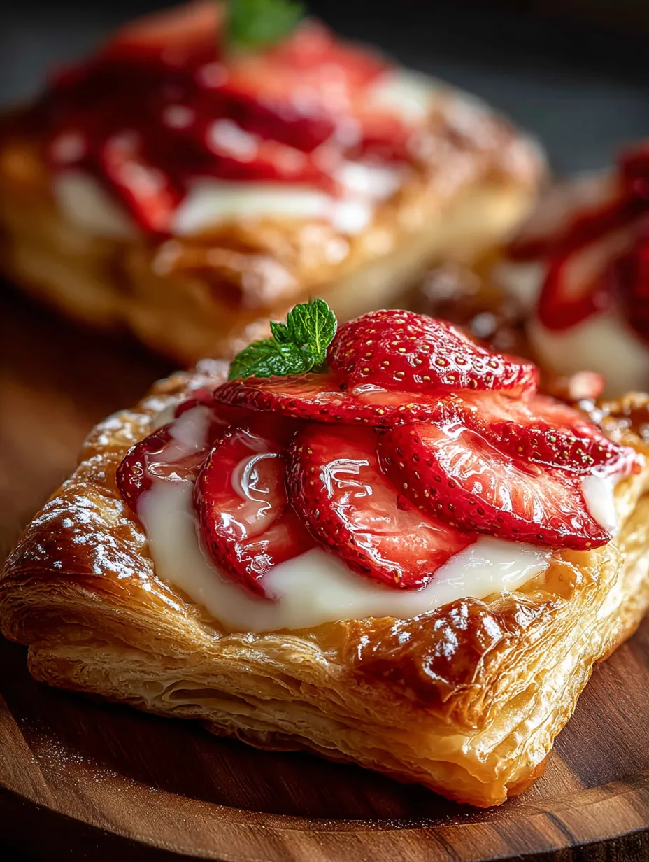 Une pâtisserie garnie de fraises sur le dessus.